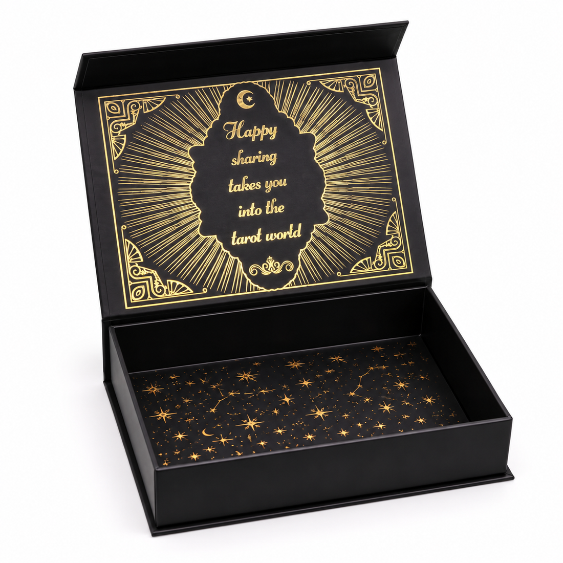 A black tarot card deck presented in an open decorative box with gold foil artwork. The inside lid features a gold sunburst design with the text 'Happy sharing takes you into the tarot world' and a crescent moon.