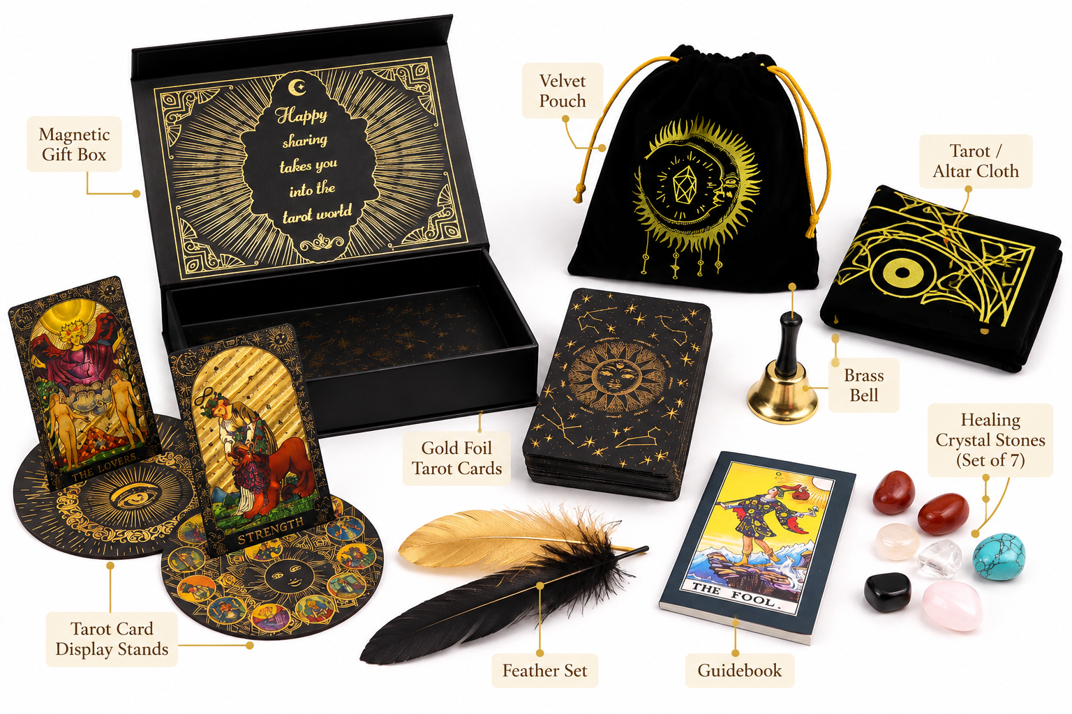 A tarot card oracle kit arranged on a white background with labeled callouts pointing to each included item: a black magnetic gift box, velvet pouch, tarot/altar cloth, brass bell, feather set, guidebook, healing crystal stones, and tarot card display stands. The kit includes black tarot cards with gold artwork, colorful crystals, and illustrated cards and box interiors.