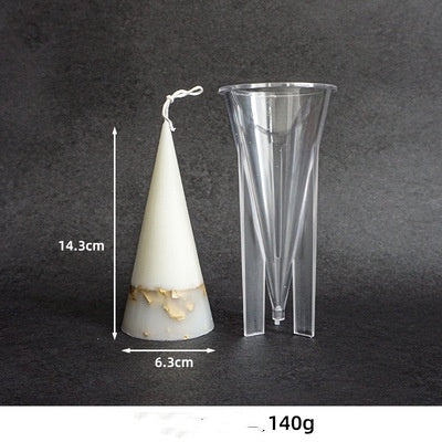 Clear Arts And More acrylic candle mold with a finished white conical candle measuring 14.3 cm tall