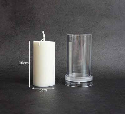 Clear acrylic candle mold next to white candle showing 10cm height and 5cm diameter dimensions