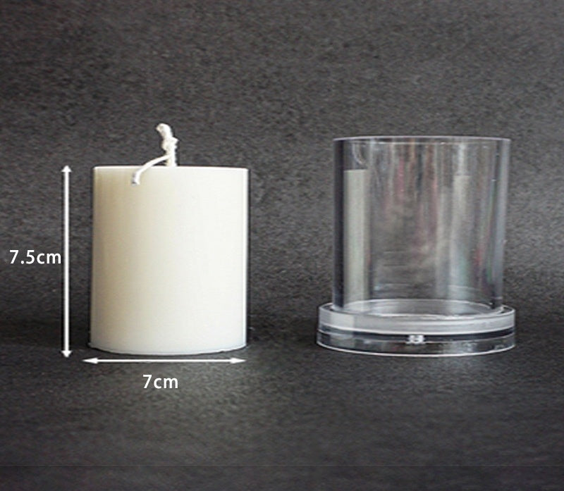 Clear Acrylic Candle Mold next to a white candle showing dimensions for craft projects