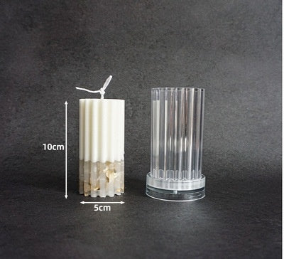 Clear Arts And More Acrylic Candle Mold with a 10cm by 5cm white candle inside showing dimensions
