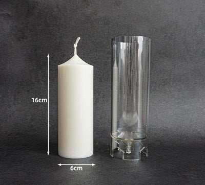 Arts And More clear Acrylic Candle Mold with a white pillar candle showing 16 cm height and 6 cm diameter