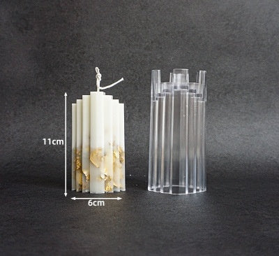 Clear Arts And More Acrylic Candle Mold with a white decorative candle showing 11cm height and 6cm width