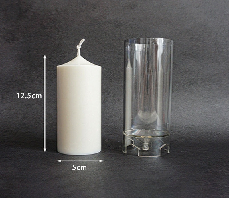 Clear Acrylic Candle Mold with white finished candle showing size dimensions 12.5 cm tall and 5 cm wide by Arts And More