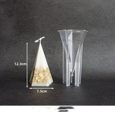 Transparent Arts And More Acrylic Candle Mold with measurements next to pyramid-shaped candle