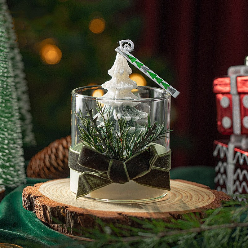 Candle Gift Box with a Tree Shaped Candle and Decorative Greenery in a Chic Glass Container