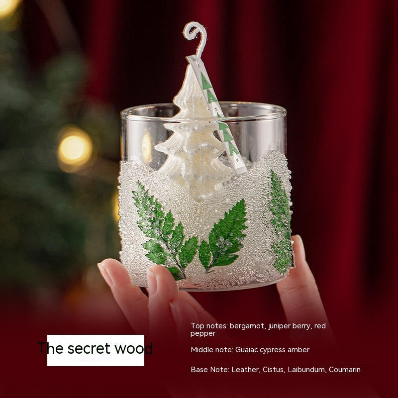 Candle Gift Box with a decorative white tree design and green leaf accents for festive decor