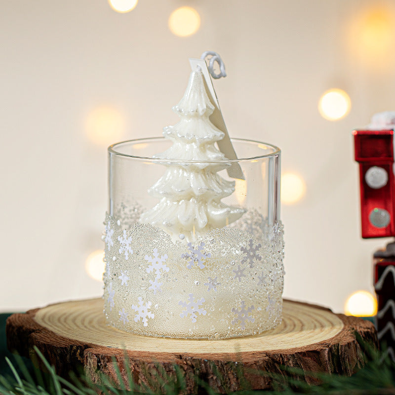 Candle Gift Box featuring a white Christmas tree candle in a decorative snowflake glass holder