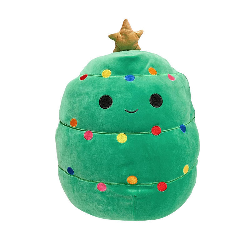 Green animal plush pillow shaped like a Christmas tree with colorful ornaments and a star on top