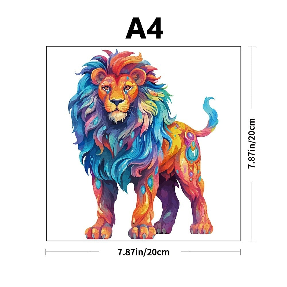 Colorful lion art for Arts And More Animal Shaped Wooden Puzzle measuring 7.87 by 7.87 inches