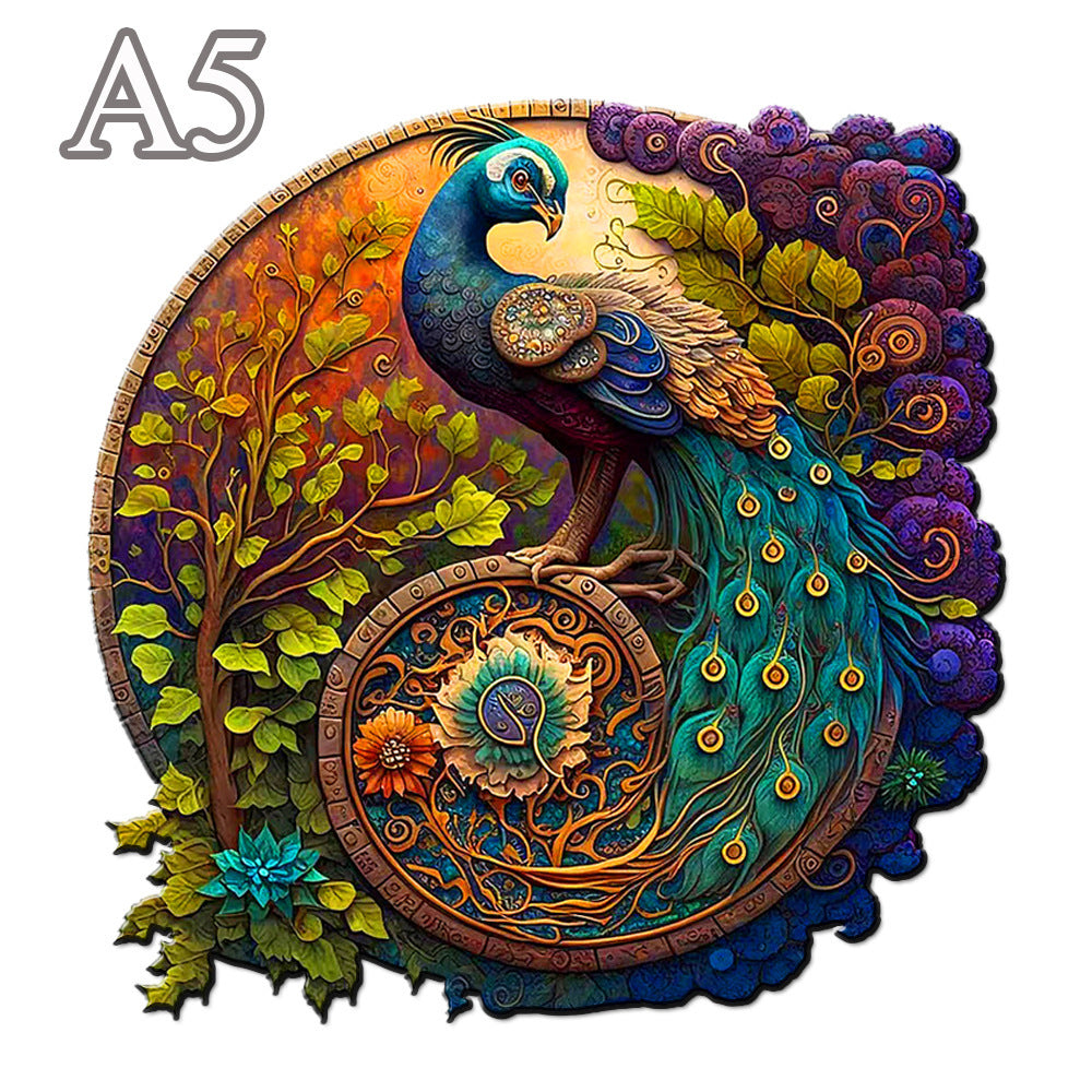 Arts And More Animal Shaped Wooden Puzzle featuring detailed colorful peacock design with intricate leaves and floral elements
