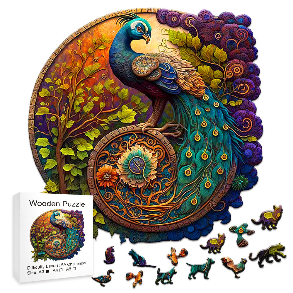Arts And More Animal Shaped Wooden Puzzle featuring a colorful peacock design with intricate details