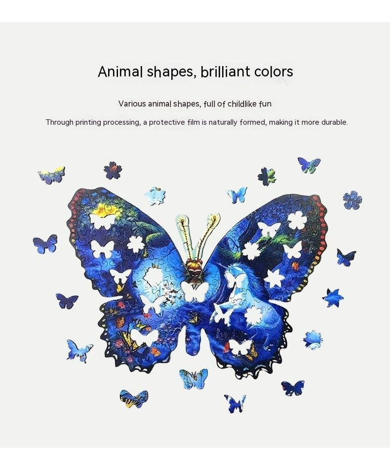 Colorful Animal Wooden Puzzle featuring a blue butterfly with various animal-shaped pieces from Arts And More