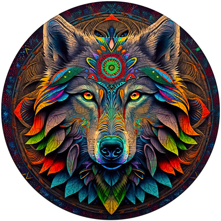 Arts And More colorful circular animal wooden puzzle featuring detailed wolf face with vibrant feathers