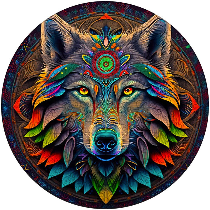 Arts And More colorful circular animal wooden puzzle featuring detailed wolf face with vibrant feathers