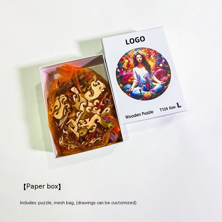 Animal Wooden Puzzle kit by Arts And More with wooden pieces in mesh bag and custom drawing box