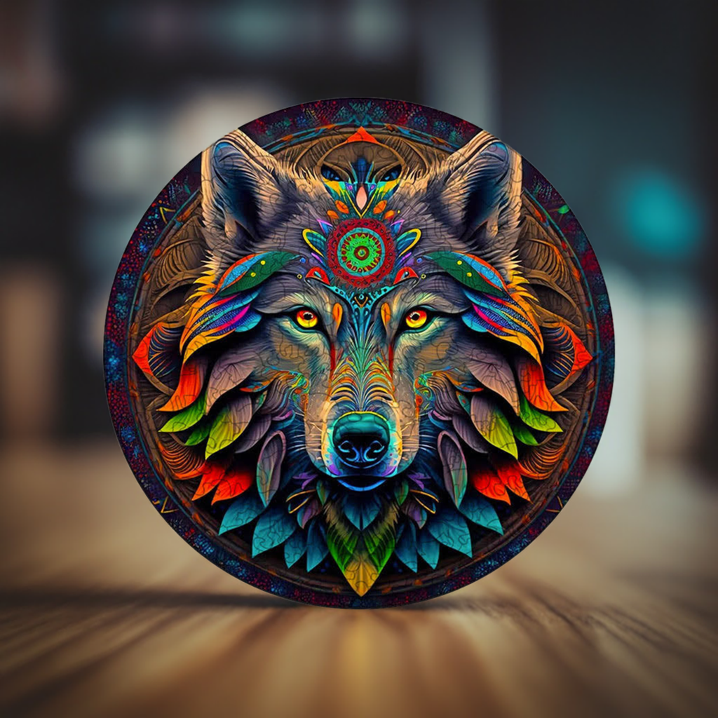 Arts And More colorful wolf design Animal Wooden Puzzle with intricate vibrant patterns