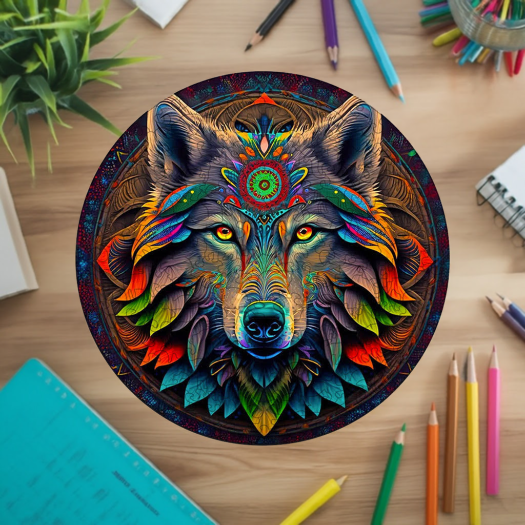 Animal Wooden Puzzle with colorful wolf design surrounded by art supplies on wooden table