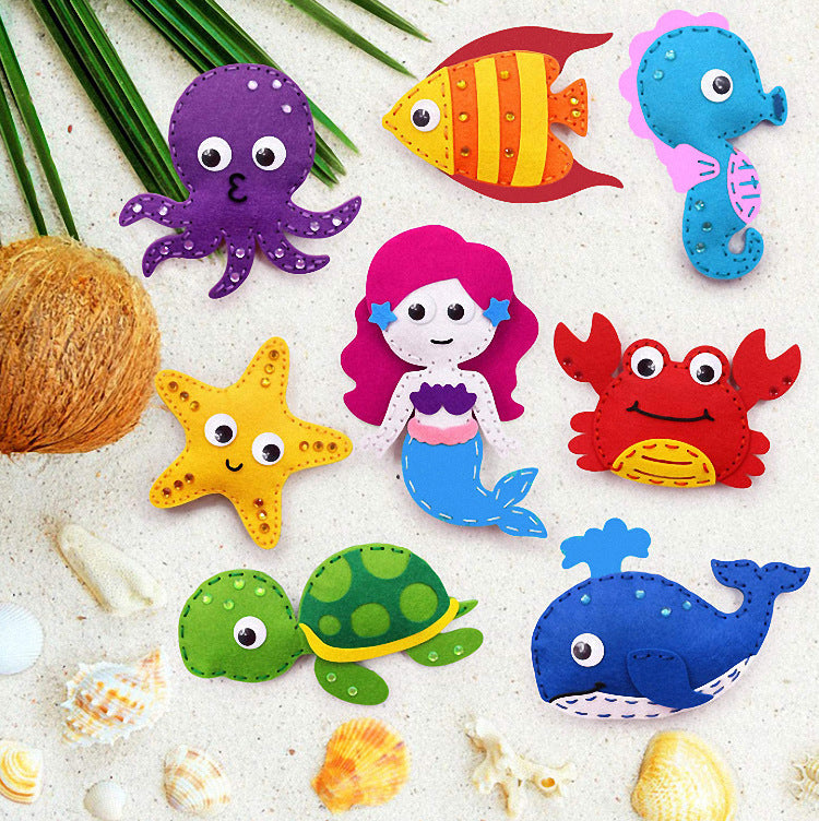 Arts And More Kids DIY Art Sewing Kit with colorful felt sea creatures and mermaid for creative sewing fun
