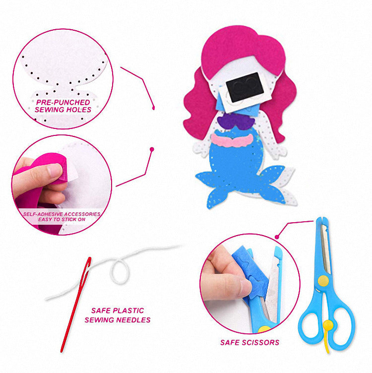 Arts And More Kids DIY Art Sewing Kit with safe plastic needles scissors and self-adhesive accessories