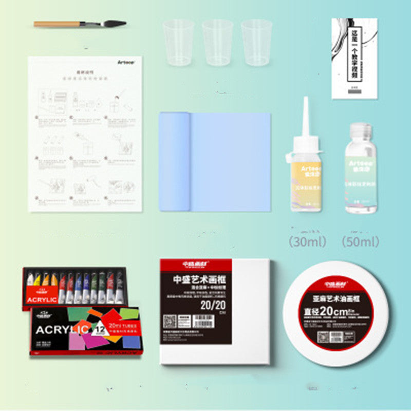 Arts And More Fluid Painting Water Shadow Painting Tools set including acrylic paints, brushes, cups, canvas, and mixing bottles