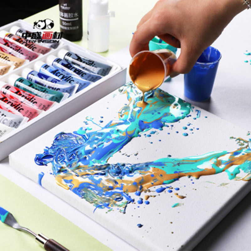 Fluid Painting Water Shadow Painting Tools with acrylic paint tubes and hand pouring paint on canvas by Arts And More