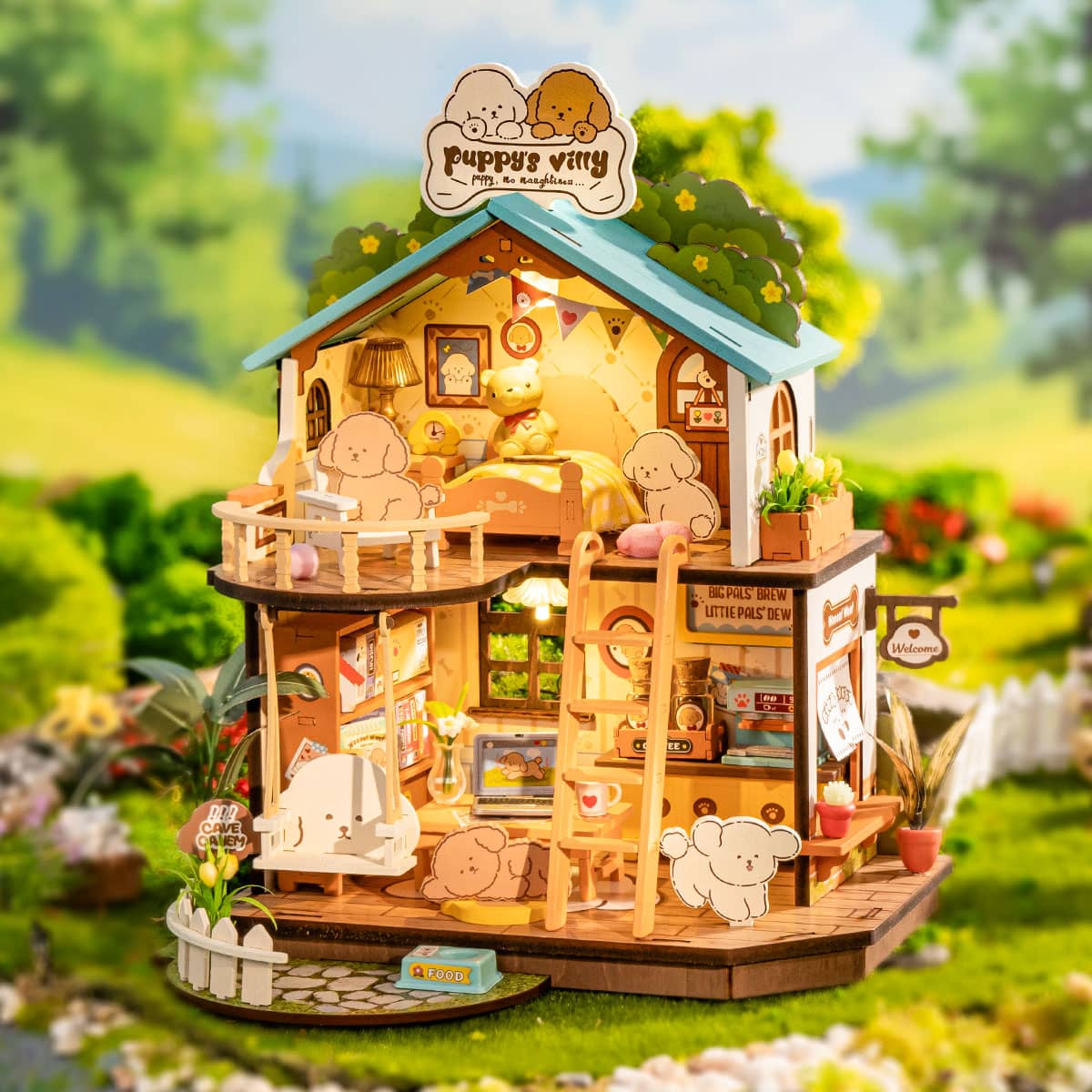 Wooden toy house with miniature furniture and decorations in a garden setting