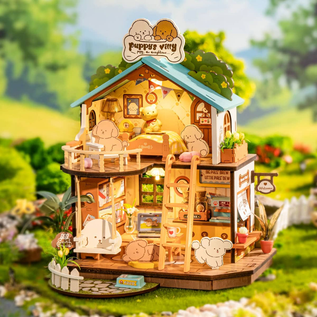 Wooden toy house with miniature furniture and decorations in a garden setting