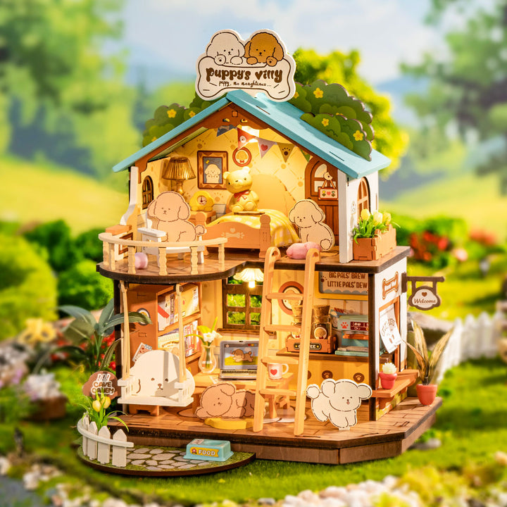 ROBOTIME Puppy's Cozy Villa Miniature House – DIY Wooden Kit