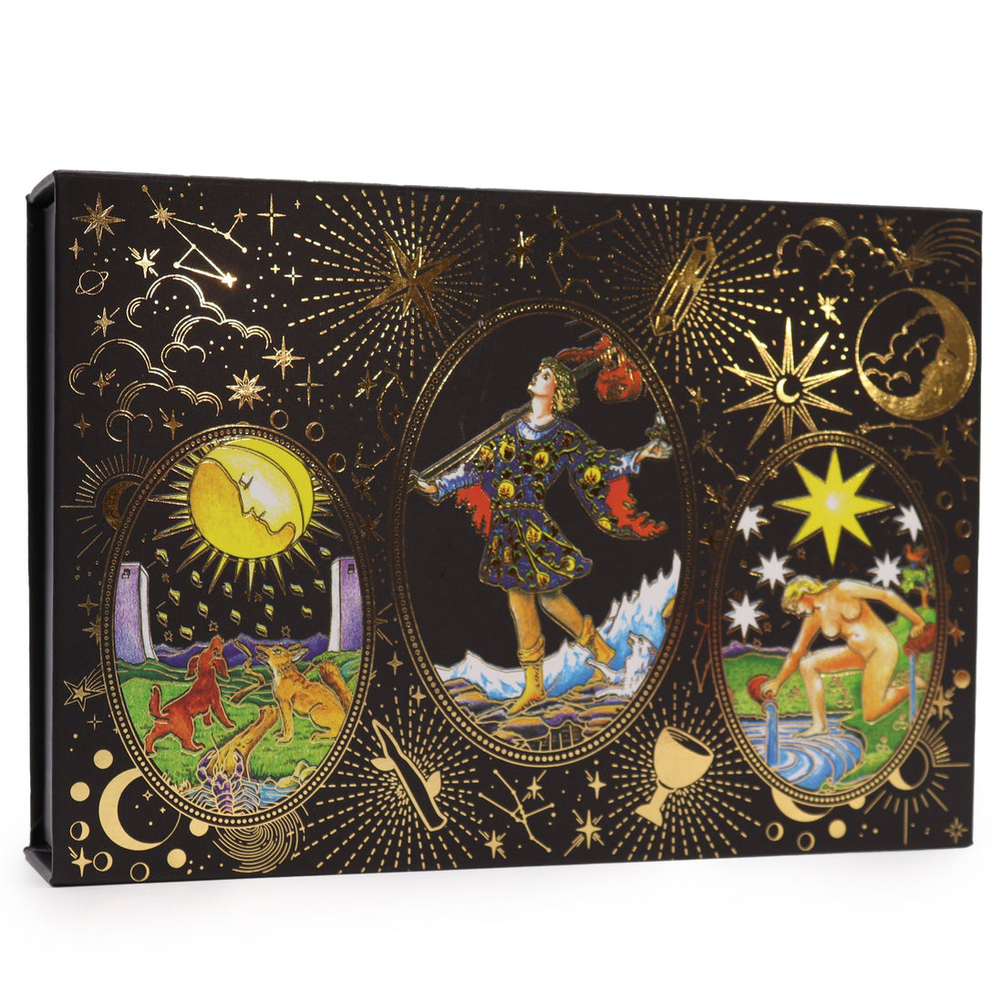 Gold foil tarot gift set with deck, guidebook and ritual accessories