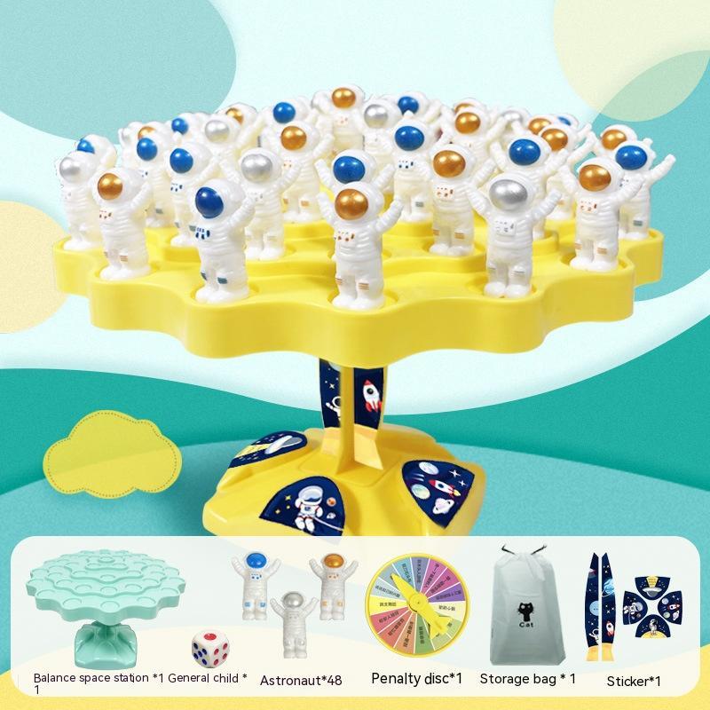 Arts And More Balanced Space Station Game with astronaut figures, spinning base, penalty disc, storage bag, and stickers