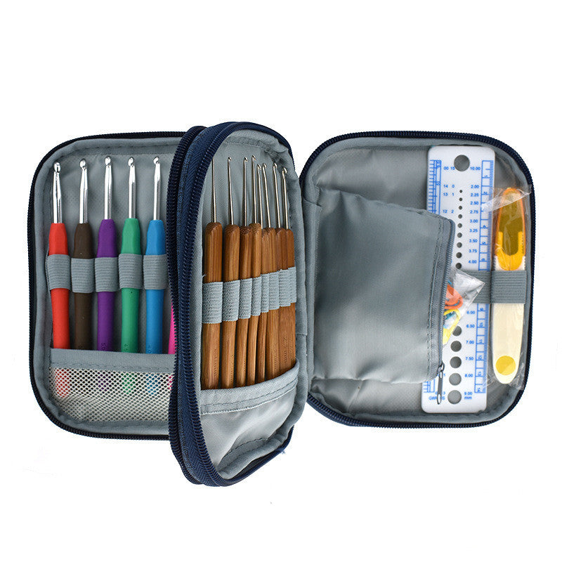 Arts And More Bamboo Handle Crochet Set with colorful ergonomic hooks and wooden handle tools in a zippered carrying case