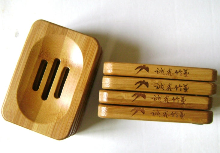 Bamboo Wooden Soap Holder set made by Arts And More with natural wood finish and engraved design