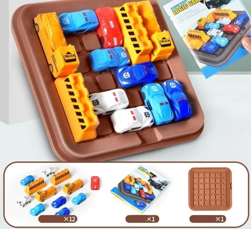 Beads Brainstorming Game logic puzzle with colorful toy cars and trucks on a brown board