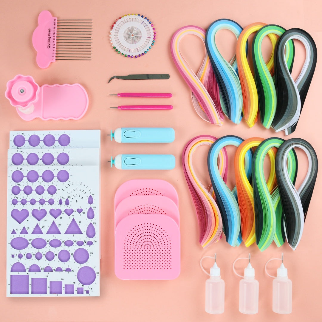 Arts And More beginner paper craft kit with colorful paper strips, shaping tools, and stencils for crafting