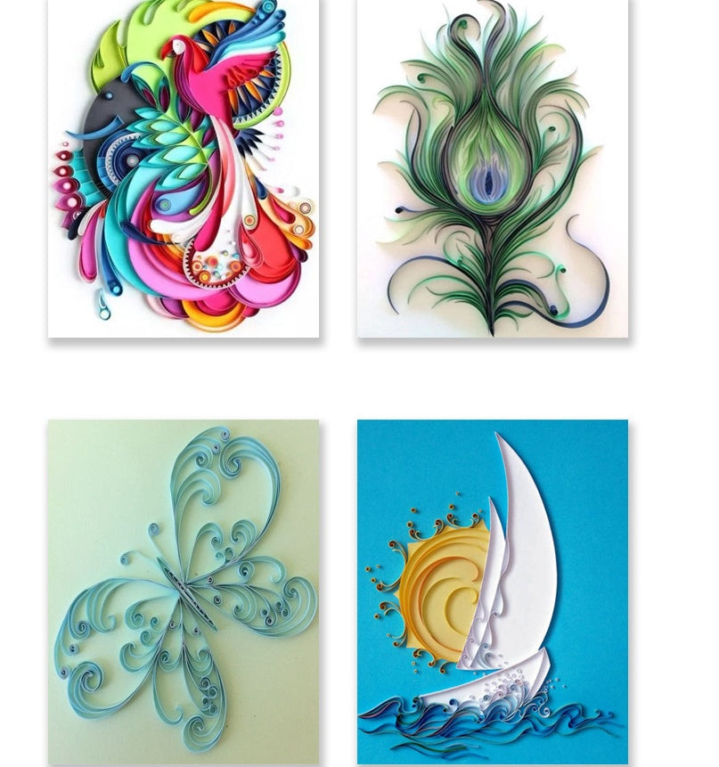 Colorful quilled paper art including bird, peacock feather, butterfly, and sailboat from Beginner Paper Craft Kit by Arts And More