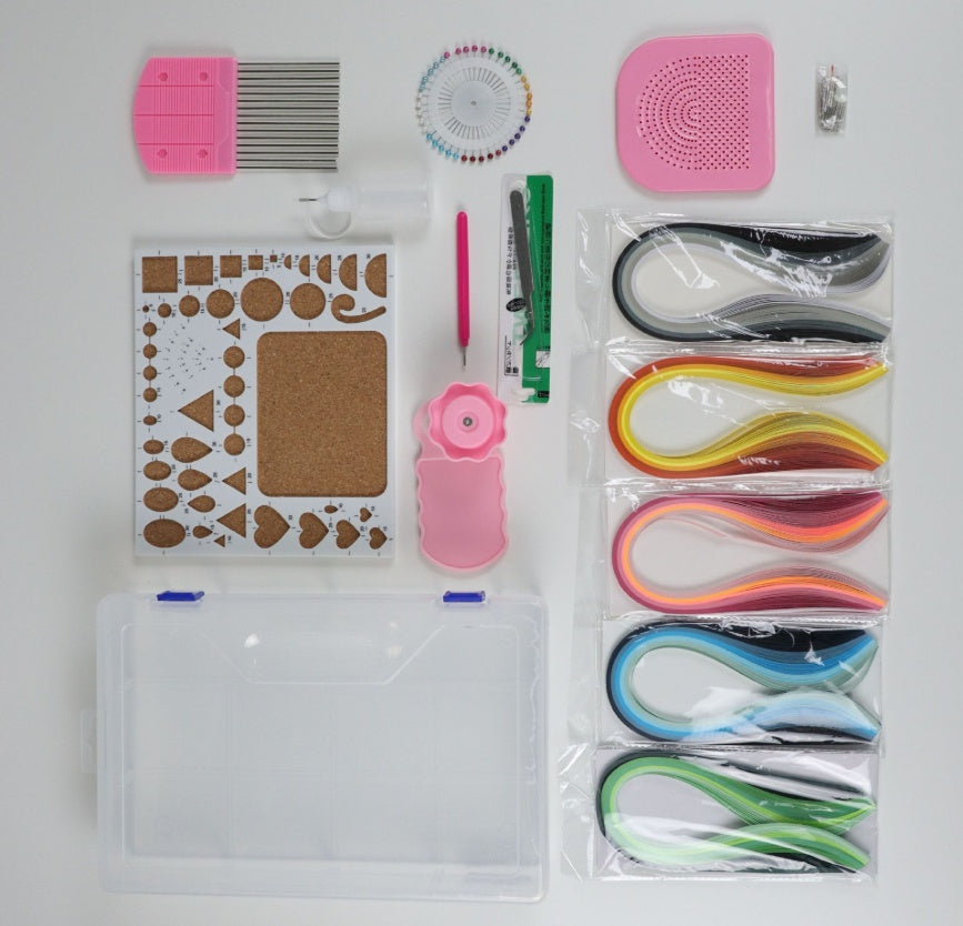 Arts And More Beginner Paper Craft Kit with colorful paper strips, shaping tools, pins, ruler, and storage box