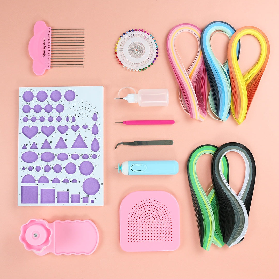 Beginner Paper Craft Kit with colorful paper strips, shaping tools, pins, and crafting accessories