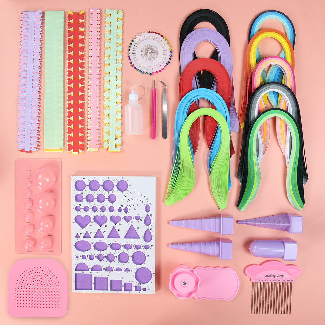 Beginner Paper Craft Kit by Arts And More with colorful paper strips, shaping tools, pins, glue, and templates for crafting