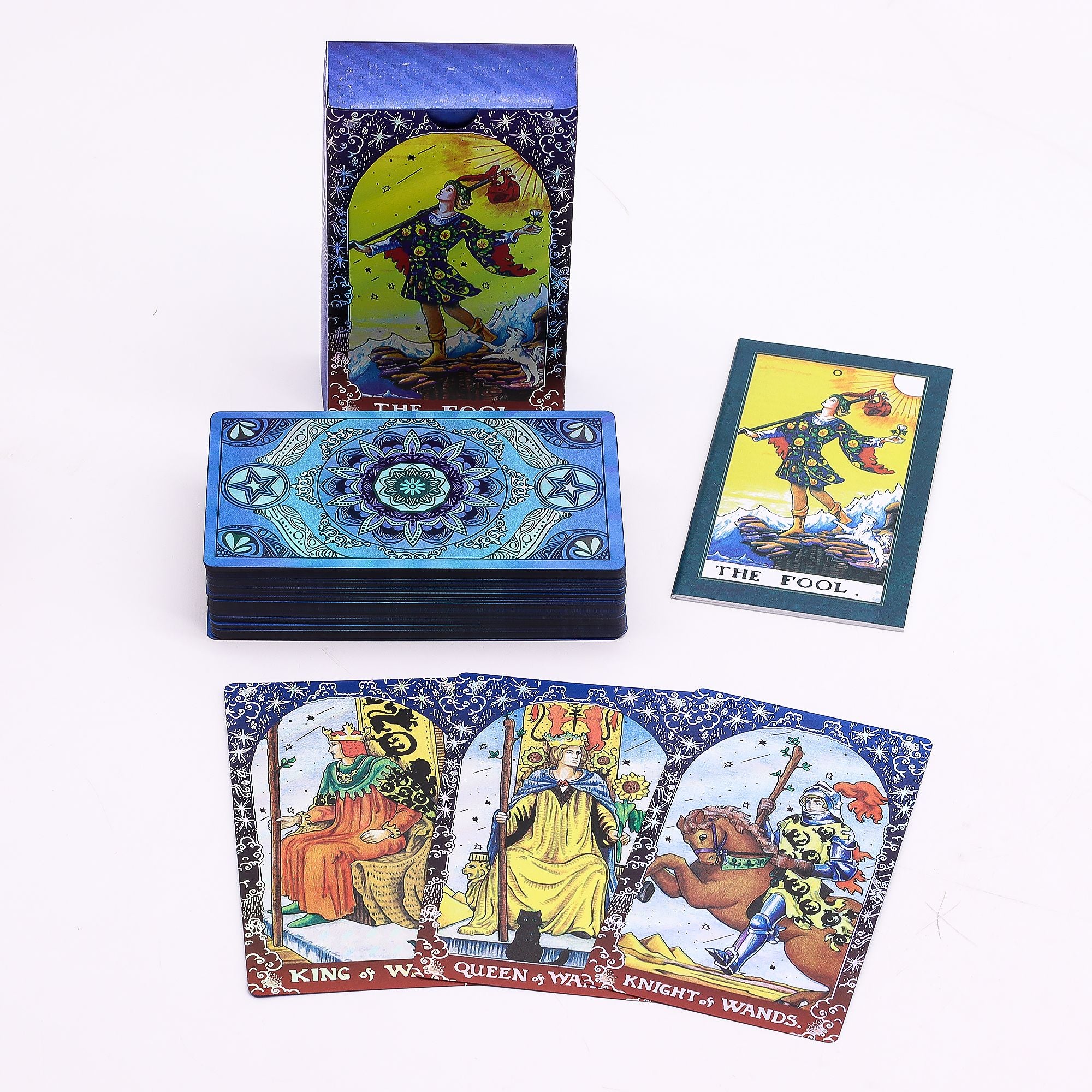 Blue Foil Mandala Tarot Card deck with detailed illustrations and reading cloth