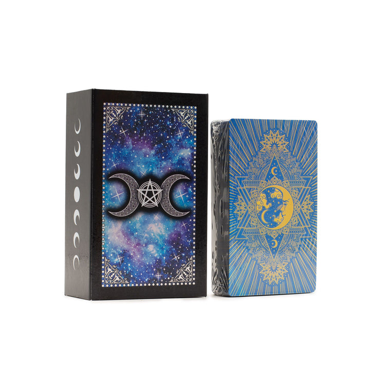 Blue Foil Moon Face Tarot Card with intricate celestial designs