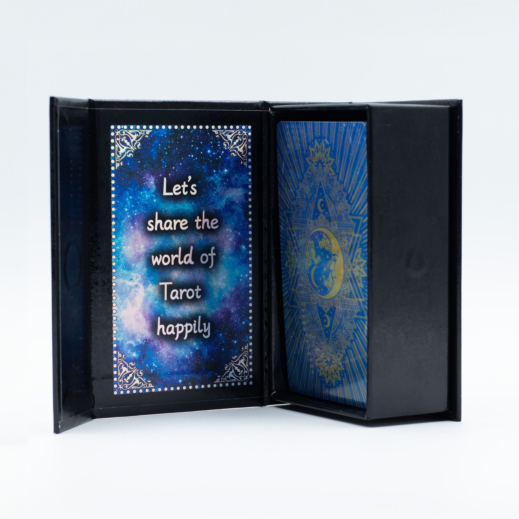 Blue Foil Moon Face Tarot Card in a decorative box
