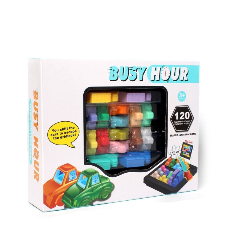 Arts And More Car Toy Puzzle Busy Hour game with colorful cars in a white box for ages 3 and up