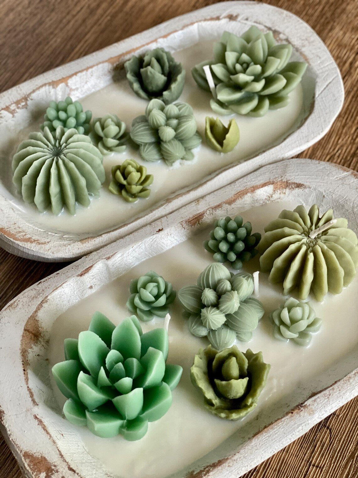 Cactus Garden Candle in a decorative tray with intricate succulent designs in various green shades