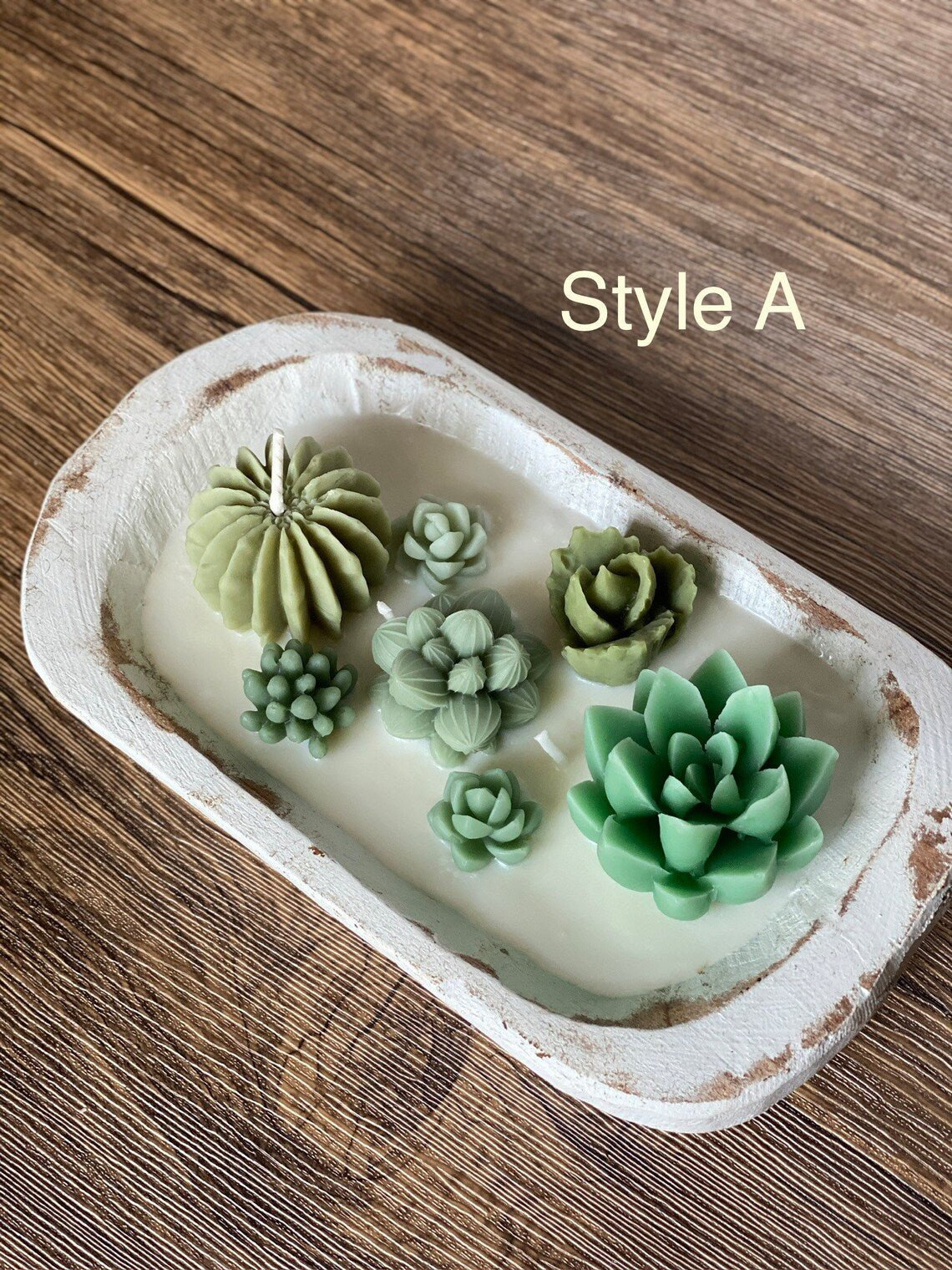 Cactus Garden Candle set featuring various succulent shapes in green tones on a decorative tray