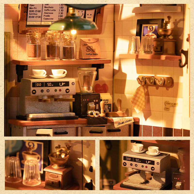 Detailed Cafe Miniature House Kit featuring a coffee machine, glass jars, and decorative elements