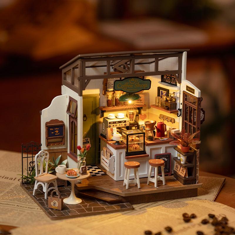 Detailed Robotime Rolife Cafe Miniature House Kit with furniture and cafe decor for crafting enthusiasts