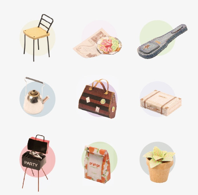 Assorted miniature accessories for Camper Miniature Dollhouse including a chair, handbag, and kettle