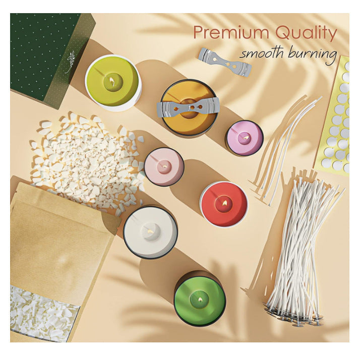 Candle Making Tool Set arranged with wax, wicks, and finished candles in various colors on a light surface